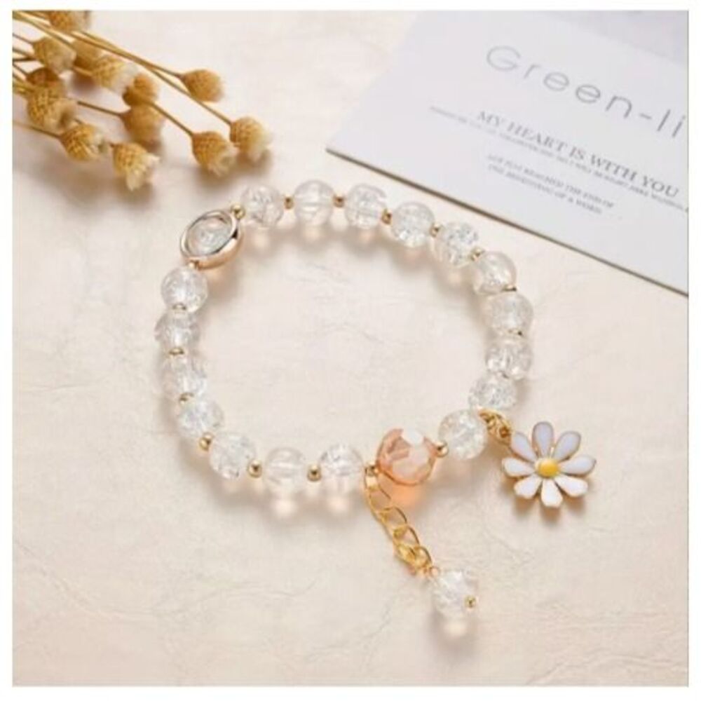 White Dangle DAISY Clear Round Beads Adjustable Gold Bracelet - Picture 2 of 3
